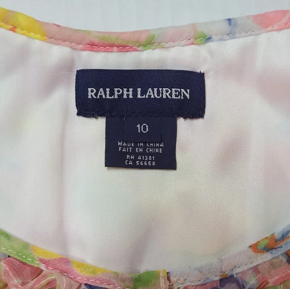 Ralph Lauren Girls Pink Yellow Floral Short Sleeve Ruffled Chiffon Dress Sz 10